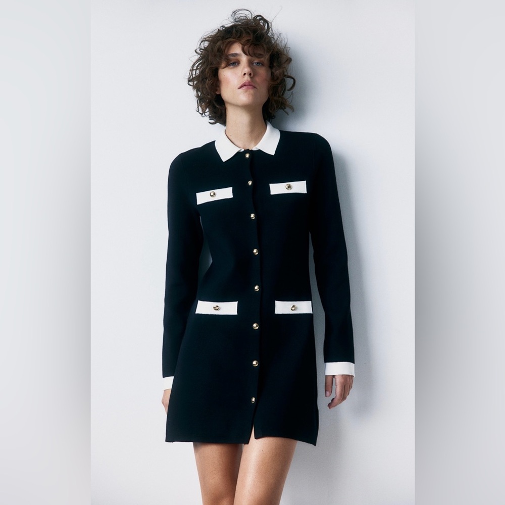 H&M knitted black mini dress with gold buttons and white collar | size XS | NWT